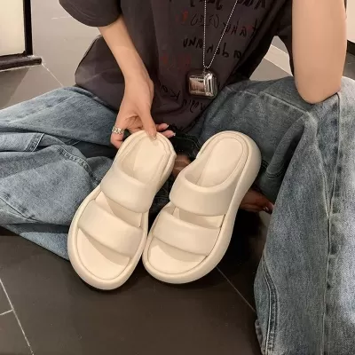Women's Double Band Platform Slippers with Soft Leather, Cloud Sole, Summer