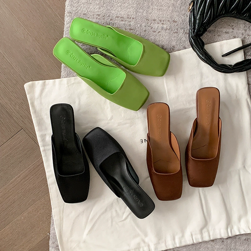 Women's Square Toe Mule Sandals with Satin Upper, Triangle Heel, Summer