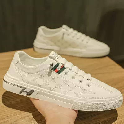 Men's Winter Breathable Casual White Board Shoes, Slip-On Leather Sneakers, Trendy Design