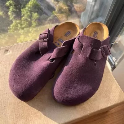 Purple Birkenstock Shoes Women 2025 Outdoor Genuine Leather Soft Cork Thick Sole Toe Half Slippers Retro Style