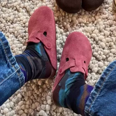 Rose Red Birkenstock Shoes Women Outdoor 2025 Autumn New Genuine Leather Suede Thick Sole Toe Half Slippers