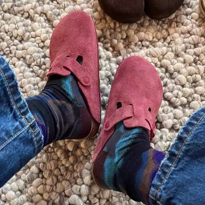 Rose Red Birkenstock Shoes Women Outdoor 2025 Autumn New Genuine Leather Suede Thick Sole Toe Half Slippers