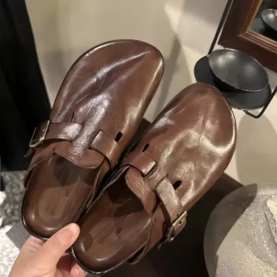 Retro Versatile Casual Birkenstock Shoes Toe Strap 2025 New Washed Horse Leather Toe Retro Slippers Women