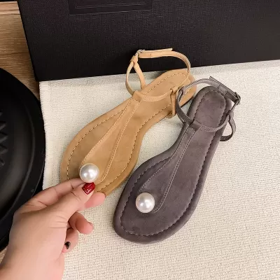 Women's T-Strap Flat Sandals with Pearl Decor, Closed Toe, Summer