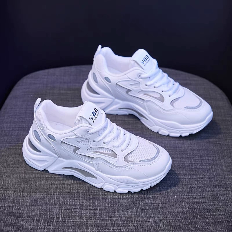 Fall Women's Breathable Mesh White Sneakers, Korean Style Thick Sole Casual Dad Shoes