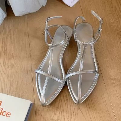 Summer New Wedge Pointed Toe High Heel Sandals with Ankle Strap for Women
