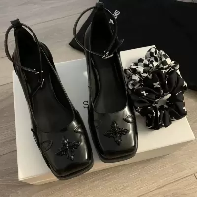 Sweet Cool Punk 2025 Classical Dance Shoes Cross Flower Black Retro Square Toe Chunky Heel Mary Jane Shoes Women High Heel · YANYAN China shoe factory
