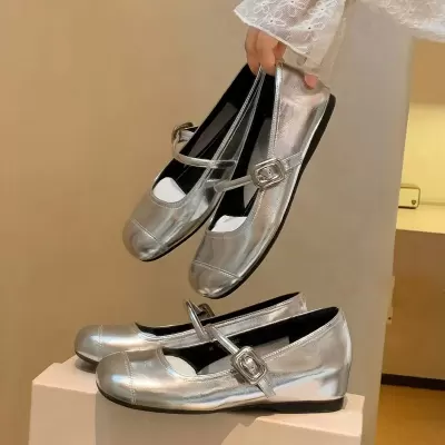 New Summer Round Toe Silver Leather Flat Mary Jane Shoes for Women