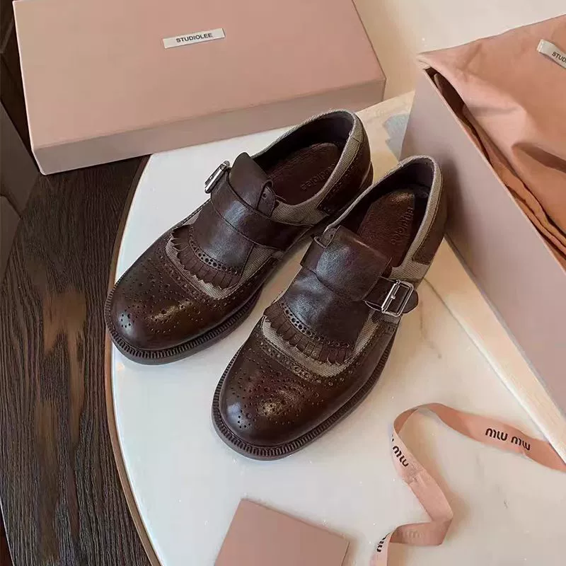 New Brogue Leather Oxford Monk Strap Shoes for Women Autumn