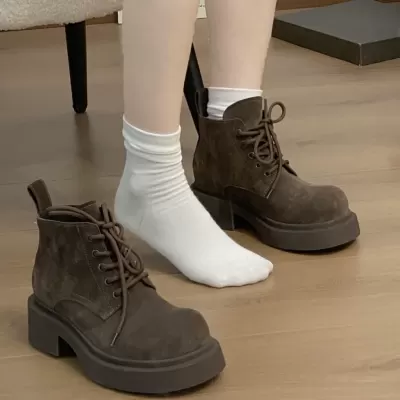 New Thick Sole Lace-Up Ankle Boots Women Genuine Leather Round Toe Chelsea Mickey Big Head Short Boots · YANYAN China shoe factory