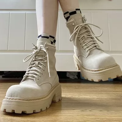 British Style Thick Sole Boots Women Square Toe Summer Lace-Up High Top Yellow Boots Versatile Shoes