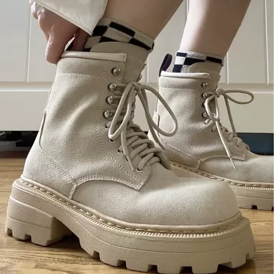 Women's Rose Style Thick Sole Square Toe High Top Boots, Casual Yellow Boots · YANYAN China shoe factory
