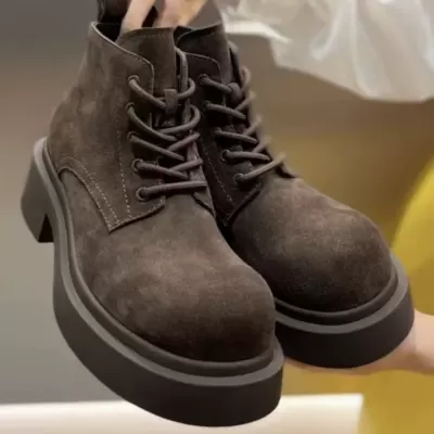 Women's 2025 New Lace-Up Thick Sole Boots, Genuine Leather Round Toe Chelsea Short Boots
