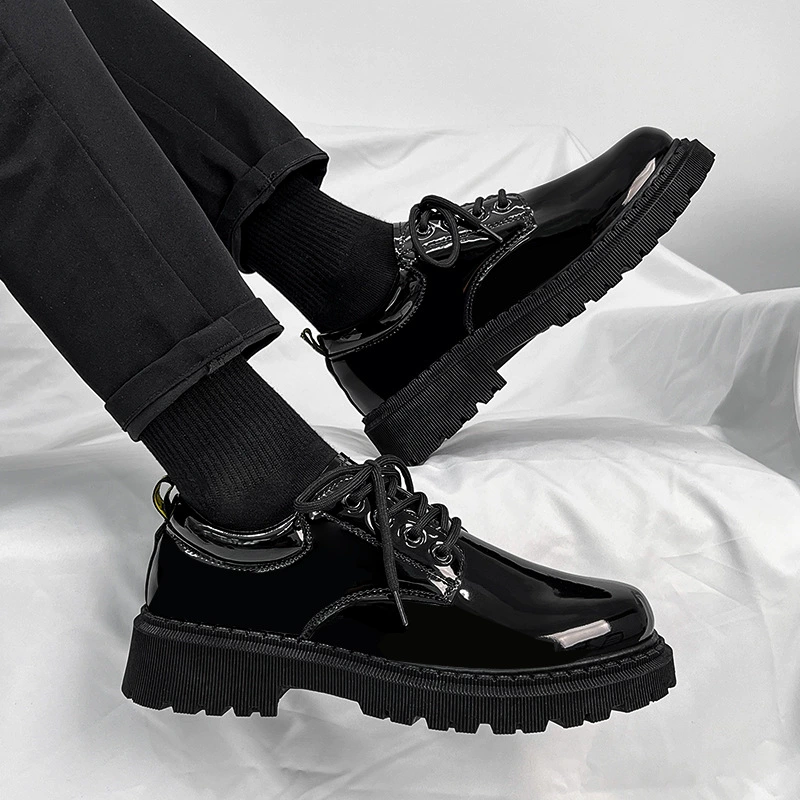 Men's Patent Leather Dress Shoes Business British Derby Shoes Autumn Chunky Head Casual Shoes Height Increasing