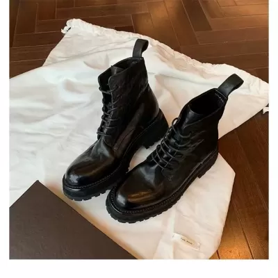 New Washed Horse Leather Round Toe Lace Up Thick Sole Martin Boots for Women