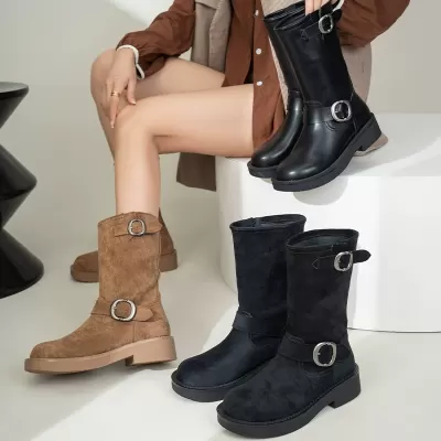 New Autumn Winter Vintage Metal Buckle Round Toe Martin Boots for Women · YANYAN China shoe factory