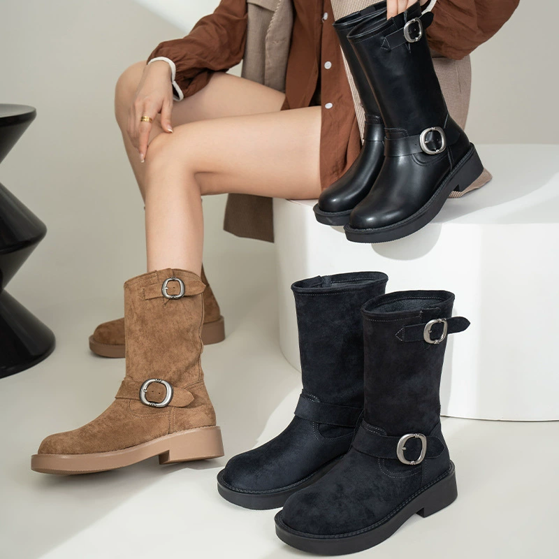 New Autumn Winter Vintage Metal Buckle Round Toe Martin Boots for Women