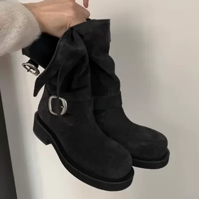 New Vintage Belt Buckle Round Toe Platform Motorcycle Boots for Women · YANYAN China shoe factory