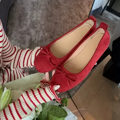 Bow Square Toe Soft Suede Ballet Flats for Women Red