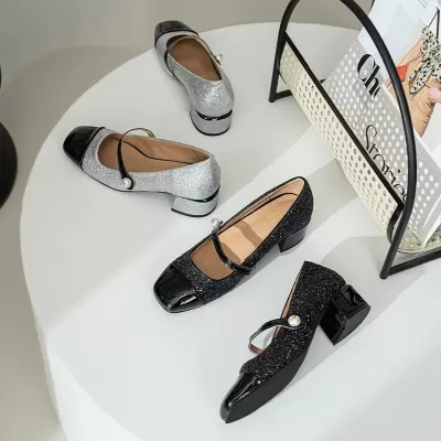 New Autumn Sparkly Sequins Party Square Toe Mary Jane Shoes for Women
