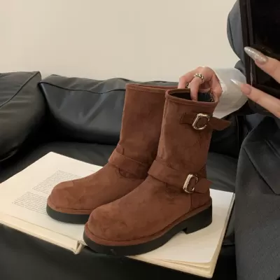 New Autumn Winter Vintage Buckle Round Toe Platform Short Boots for Women