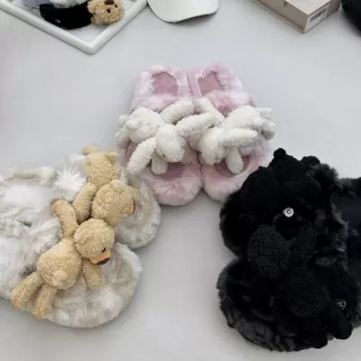 Women's Bear Plush Slippers, New Fashion Detachable Toy Thick Sole Slide Sandals