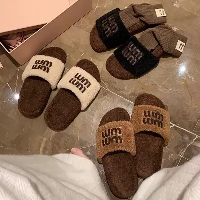 New Autumn Winter Miu Style Flat Fur Slippers for Women