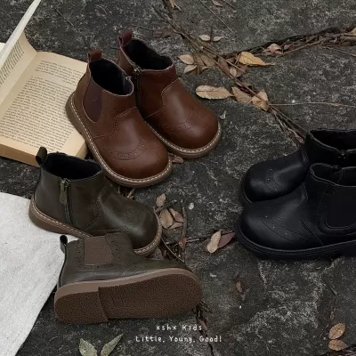 XSHX Kids Martin Leather Boots, Unisex, Side Zipper, Chelsea Boots, Wenzhou Shoes