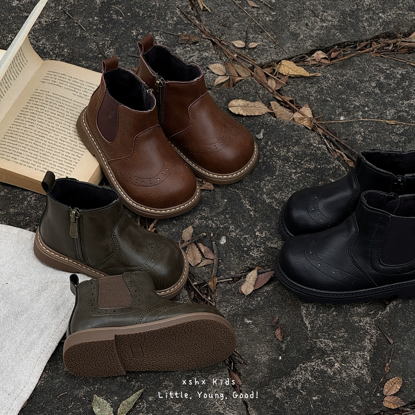 XSHX Kids Martin Leather Boots, Unisex, Side Zipper, Chelsea Boots, Wenzhou Shoes