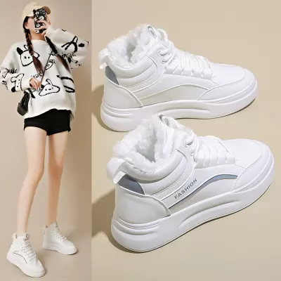 Fleece-Lined High-Top White Sneakers for Women 2024 Winter Korean Warm Casual Board Shoes SH889
