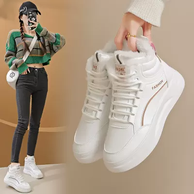 Fleece-Lined High-Top White Sneakers for Women 2024 Winter Korean Warm Casual Cotton Shoes