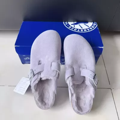 Women's New Genuine Leather Birkenstock Shoes 2025, Violet Velvet Cork Sole Flats · YANYAN China shoe factory