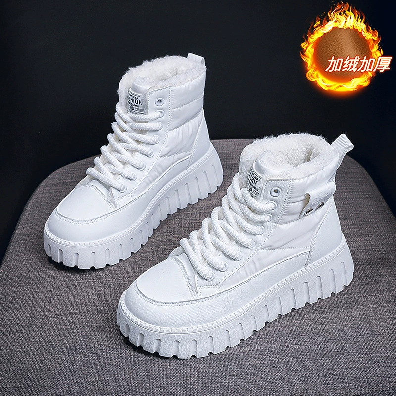Botas de Neve Cano Alto Forradas com Pelos para Mulheres 2024 Inverno Coreano Quente Casual Sapatos Algodão ZY12297