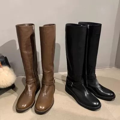 New Autumn Winter Double Buckle Round Toe Knee High Boots for Women