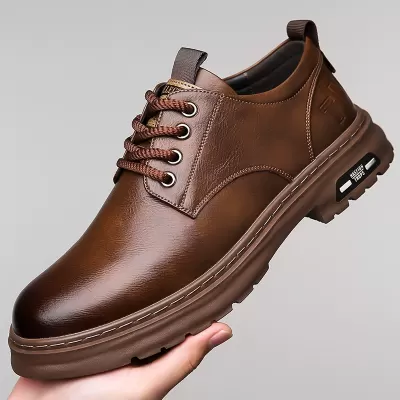 Autumn New Men's Handmade Stitched Business Casual Leather Shoes Retro Work Chunk Head Lace Up Soft Breathable