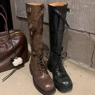 New Women's Motorcycle Style Belt Buckle Vintage Chunky Heel Mid-Calf Riding Boots for Fall