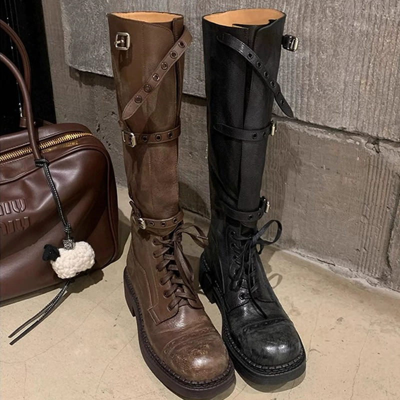 New Women's Motorcycle Style Belt Buckle Vintage Chunky Heel Mid-Calf Riding Boots for Fall