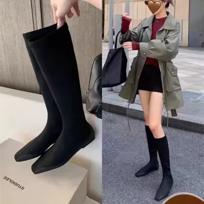 New Women's Square Toe Flat Sock Boots Stretch Calf Slim Boots for Fall Winter · YANYAN China shoe factory