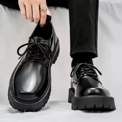 Autumn New Men's Casual Leather Shoes Retro Work Lace Up Soft Breathable Height Increasing Thick Sole Chunk Head