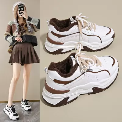Winter Fleece-Lined Dad Sneakers for Women 2024 Korean Warm Thick Sole Casual Shoes