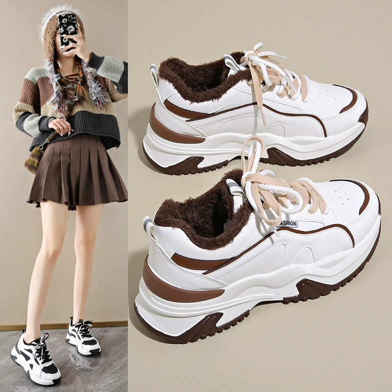 Winter Fleece-Lined Dad Sneakers for Women 2024 Korean Warm Thick Sole Casual Shoes