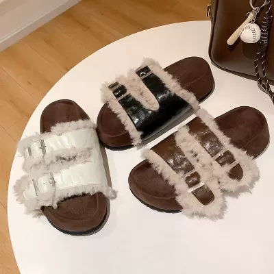 New Women's Double Buckle Thick Sole Lazy Fur Slide Sandals for Fall Winter Outdoor