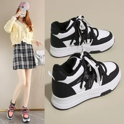 Winter Fleece-Lined High-Top White Sneakers for Women Korean Warm Thick Sole Casual Board Shoes