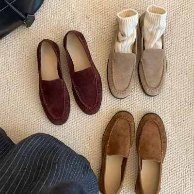 New Women's French Round Pointed Toe Suede Flat Slip-On Loafer Shoes for Fall Winter