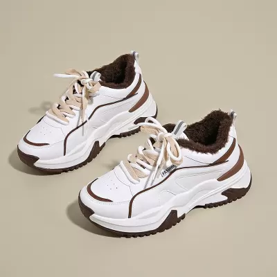 Winter Fleece-Lined Dad Sneakers for Women 2024 Korean Warm Thick Sole Casual Shoes