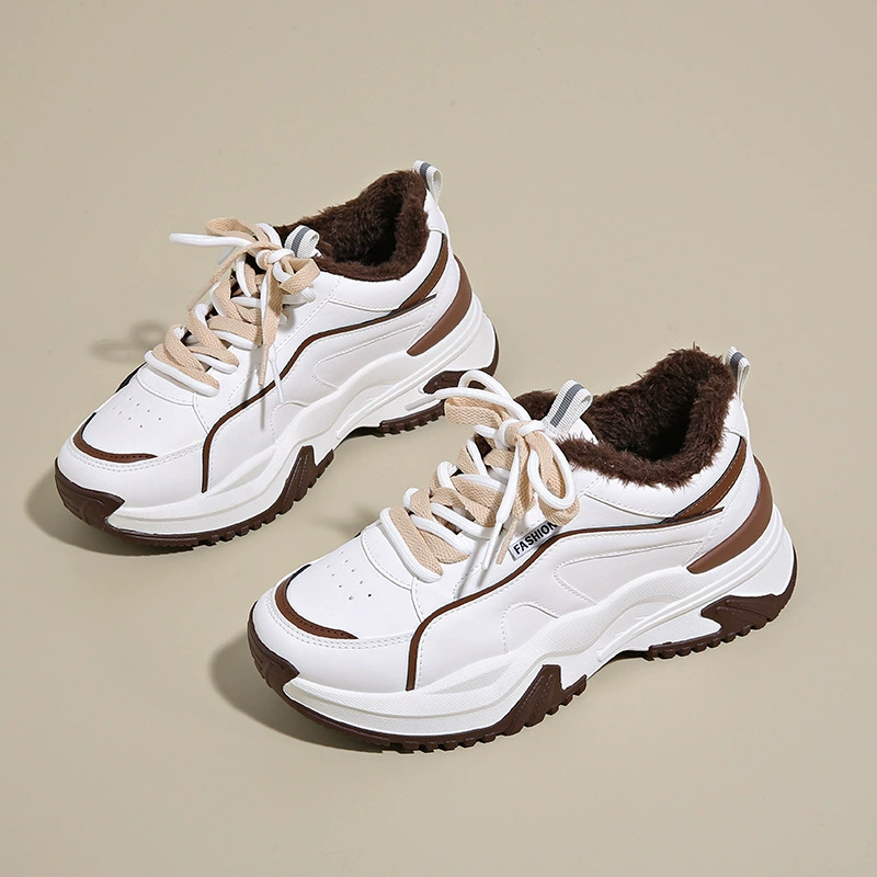 Winter Fleece-Lined Dad Sneakers for Women 2024 Korean Warm Thick Sole Casual Shoes