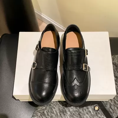 New Women's Harness Academy Shrunken Horsehide Double Buckle Round Toe Chunky Heel British Style Shoes