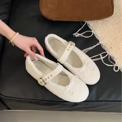 New Women's Warm Sweet Bow Tie Mary Jane Flat Fur Shoes for Fall Winter