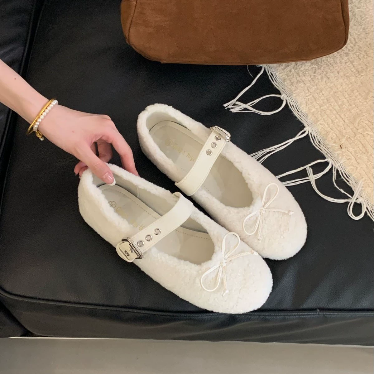 New Women's Warm Sweet Bow Tie Mary Jane Flat Fur Shoes for Fall Winter