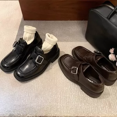 Women's Square Toe Buckle Chunky Heel Loafer Shoes in Leather